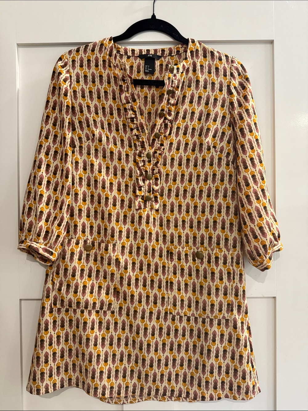 H&M Women's Cream Tunic Dress Ruffle Buttons and Front Pockets - 50’s Vintage